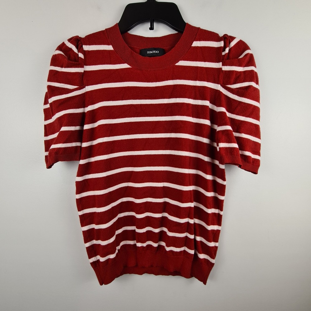 Dokotoo Womens Orange Red Striped Puff Shoulder Short Sleeve Knit Sweater Top M
